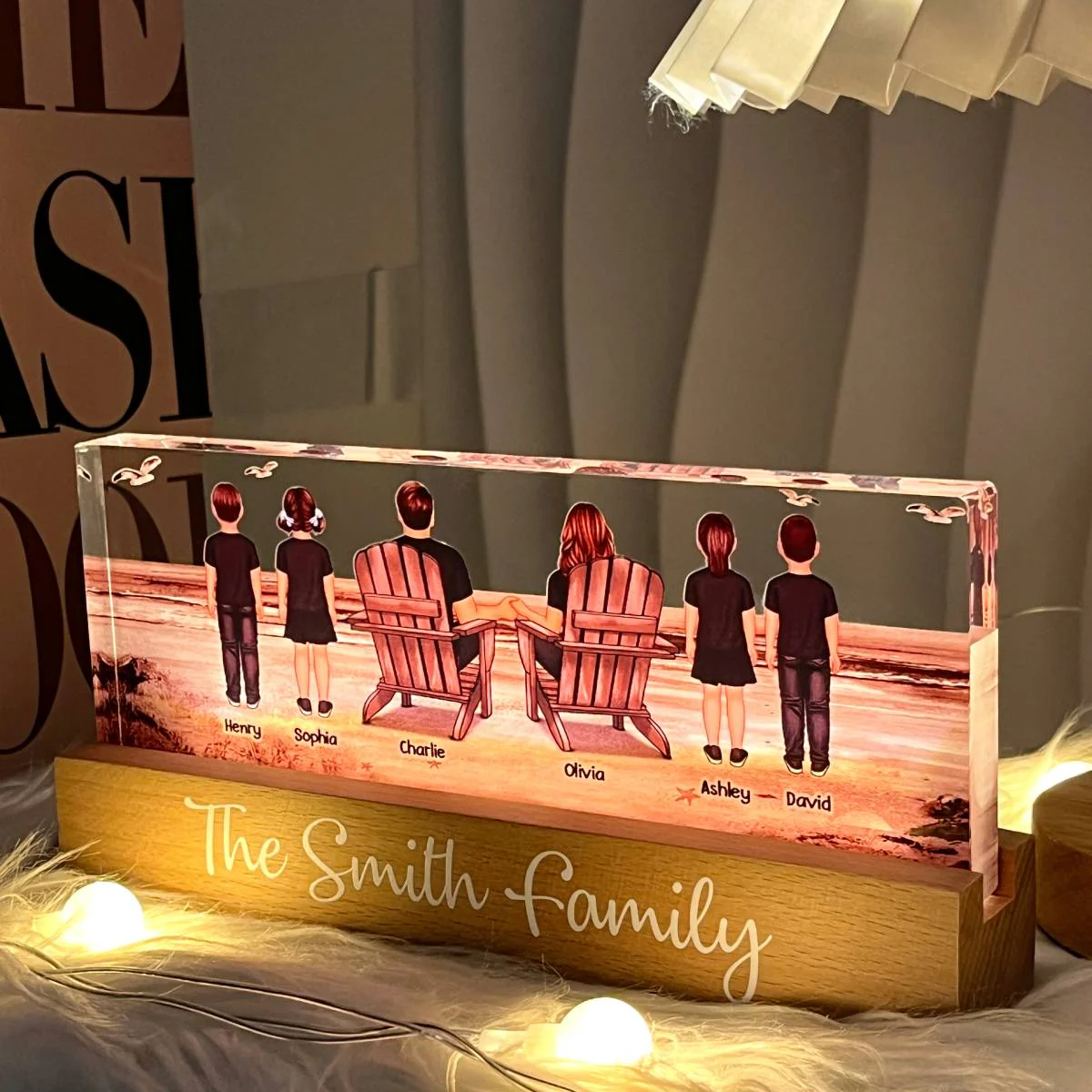 Family At Beach Retro Vintage Personalized Acrylic LED Night Light, Father's Day Gift For Dad, Gift For Husband, Wife