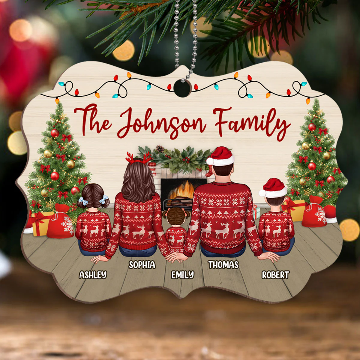 Family At Fireplace Christmas Ugly Sweater Personalized Wooden Ornament - Image 2