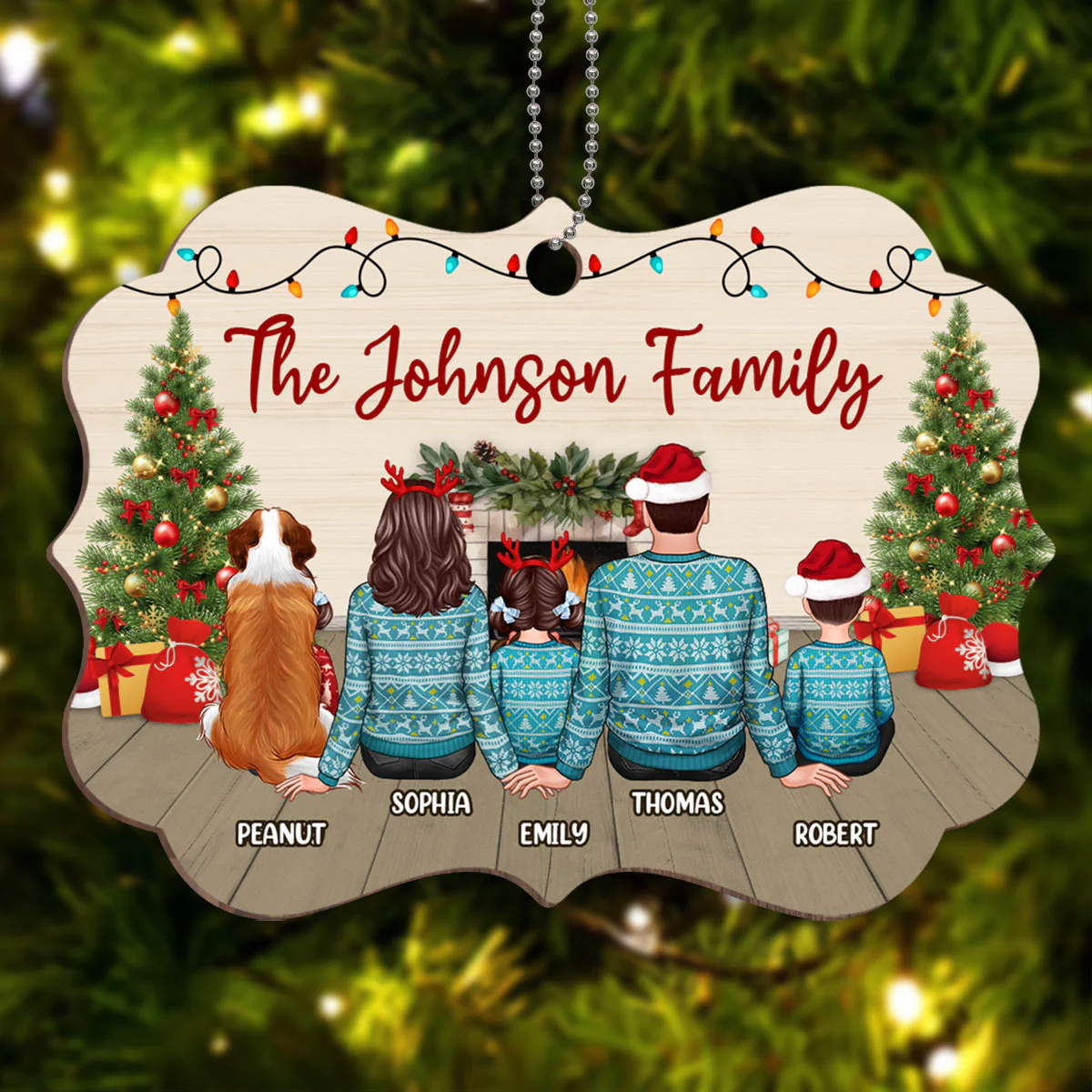 Family At Fireplace Christmas Ugly Sweater Personalized Wooden Ornament - Image 3