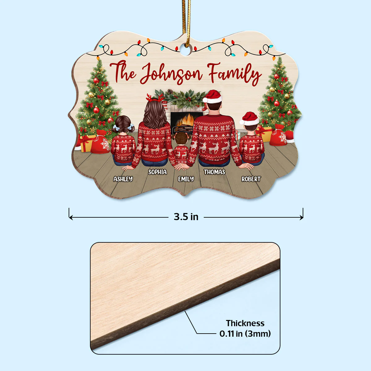Family At Fireplace Christmas Ugly Sweater Personalized Wooden Ornament - Image 4
