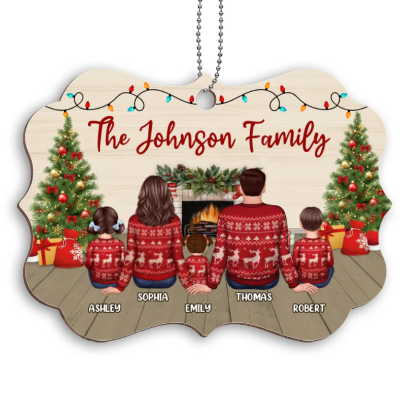 Family At Fireplace Christmas Ugly Sweater Personalized Wooden Ornament - Image 5