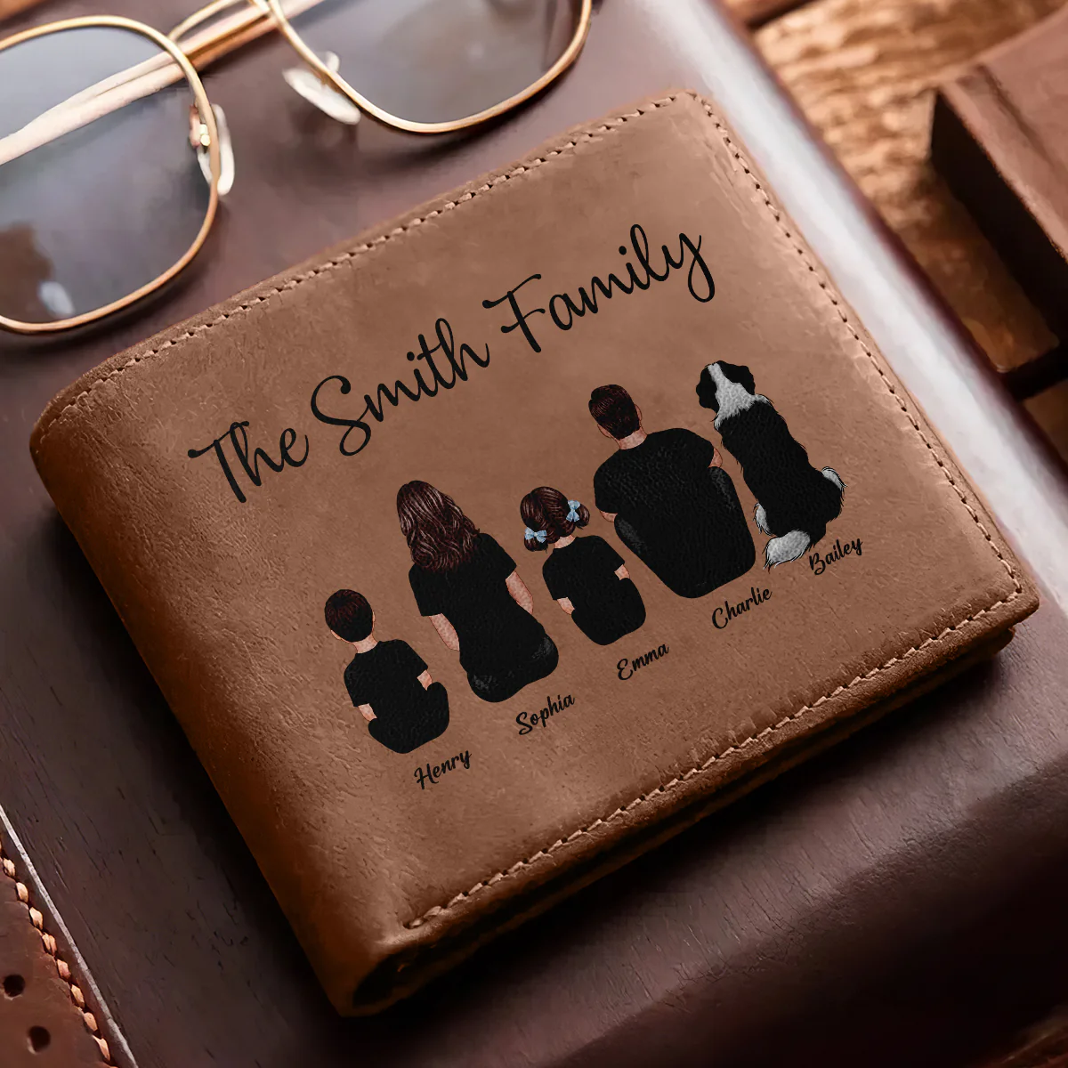 Family Sitting Together Personalized Printed Leather Wallet, Father's Day Gift, Birthday Gift For Husband, Dad, Grandpa - Image 2