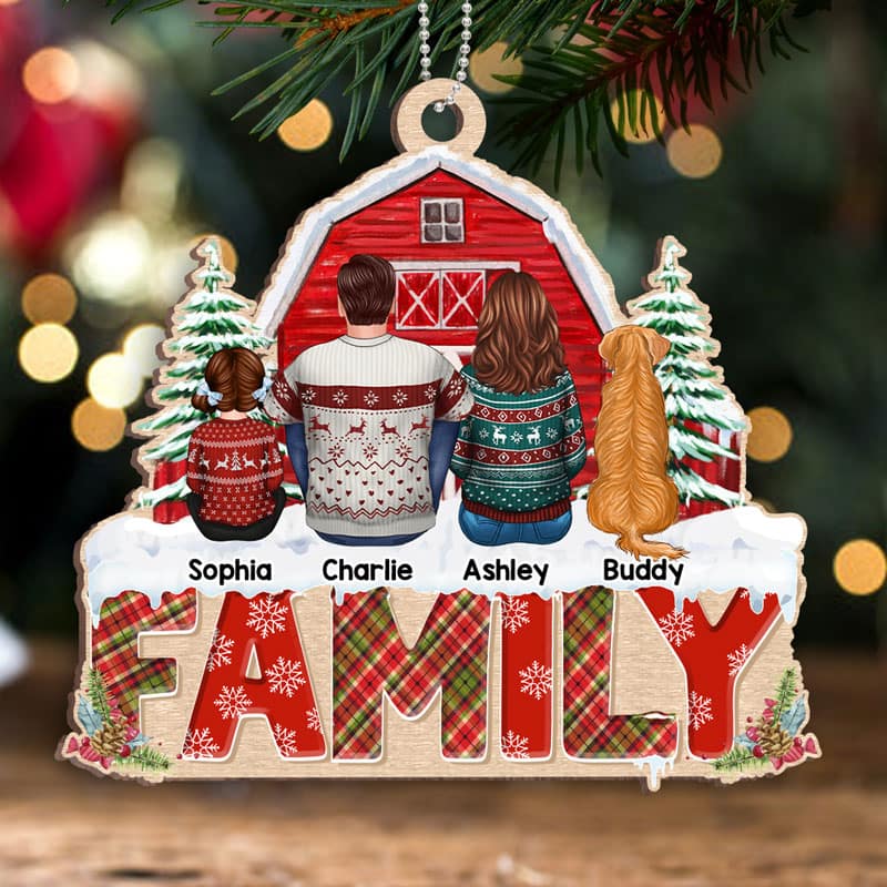 Family Back View Kid Dog Cat Sitting On Word Personalized Wooden Ornament - Image 2