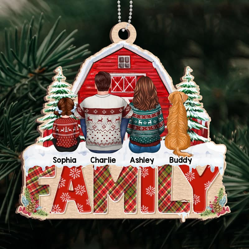 Family Back View Kid Dog Cat Sitting On Word Personalized Wooden Ornament - Image 3