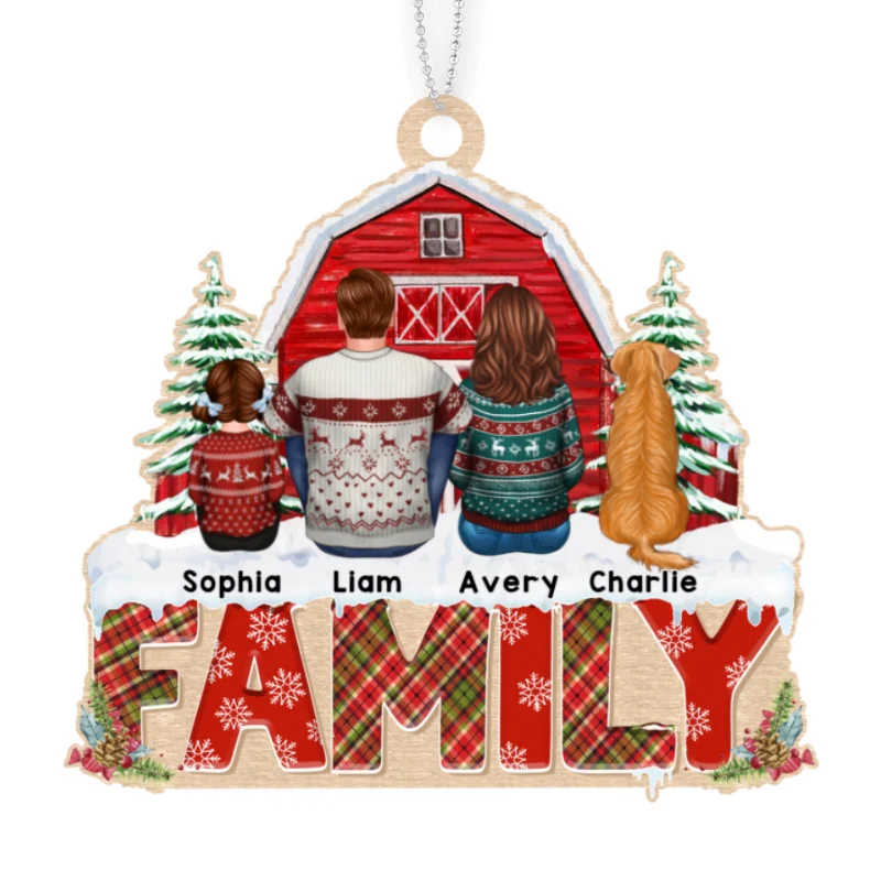 Family Back View Kid Dog Cat Sitting On Word Personalized Wooden Ornament - Image 4