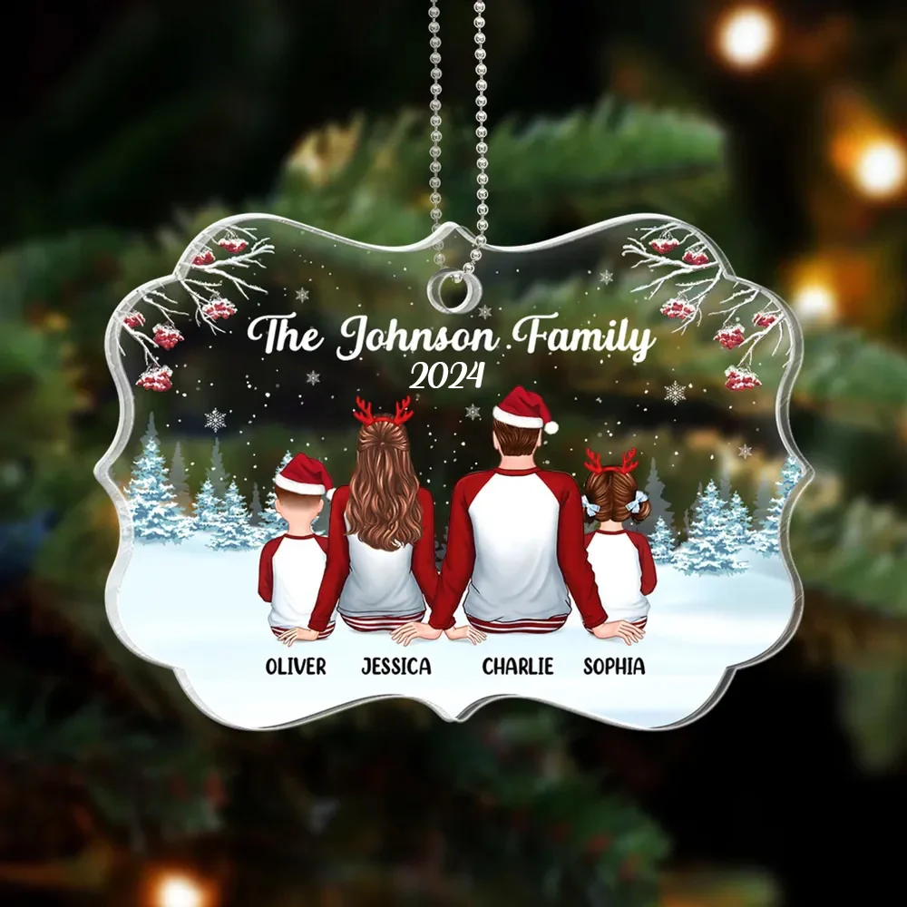 Family Back View Pajamas In Snow Personalized Acrylic Ornament