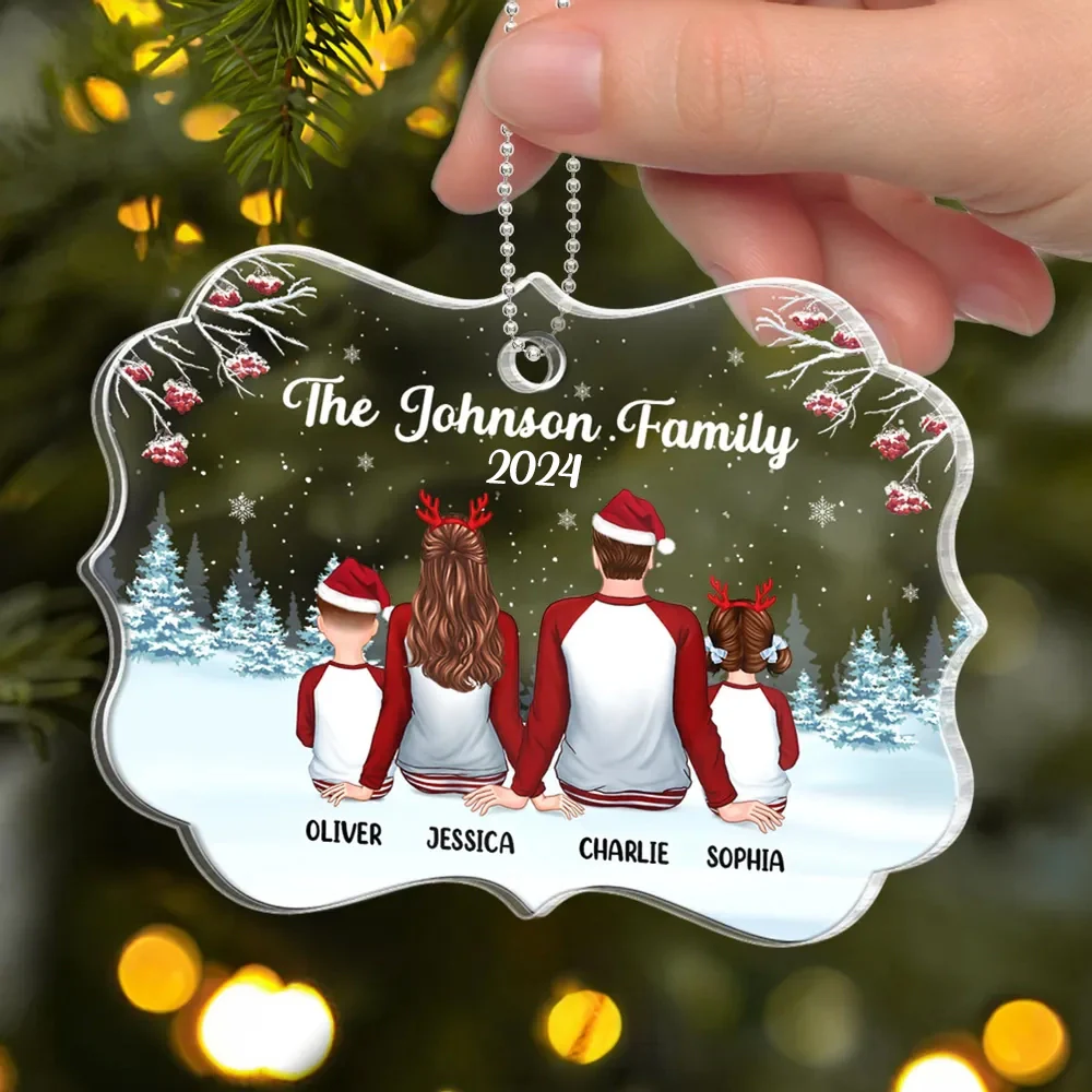 Family Back View Pajamas In Snow Personalized Acrylic Ornament - Image 3