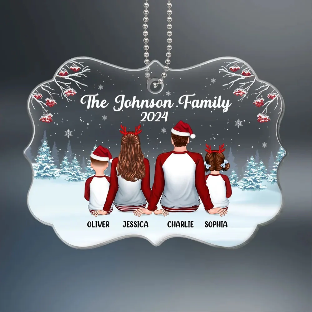 Family Back View Pajamas In Snow Personalized Acrylic Ornament - Image 4