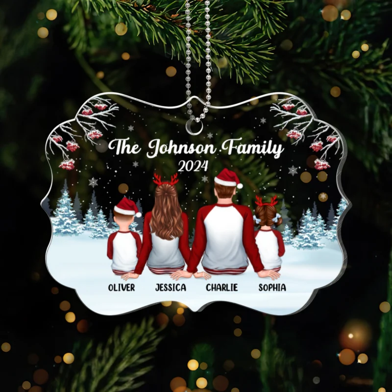 Family Back View Pajamas In Snow Personalized Acrylic Ornament - Image 5