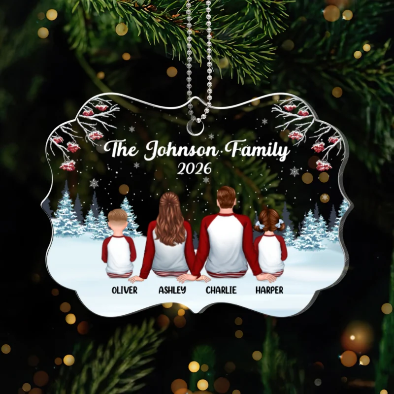 Family Back View Pajamas In Snow Personalized Acrylic Ornament - Image 5