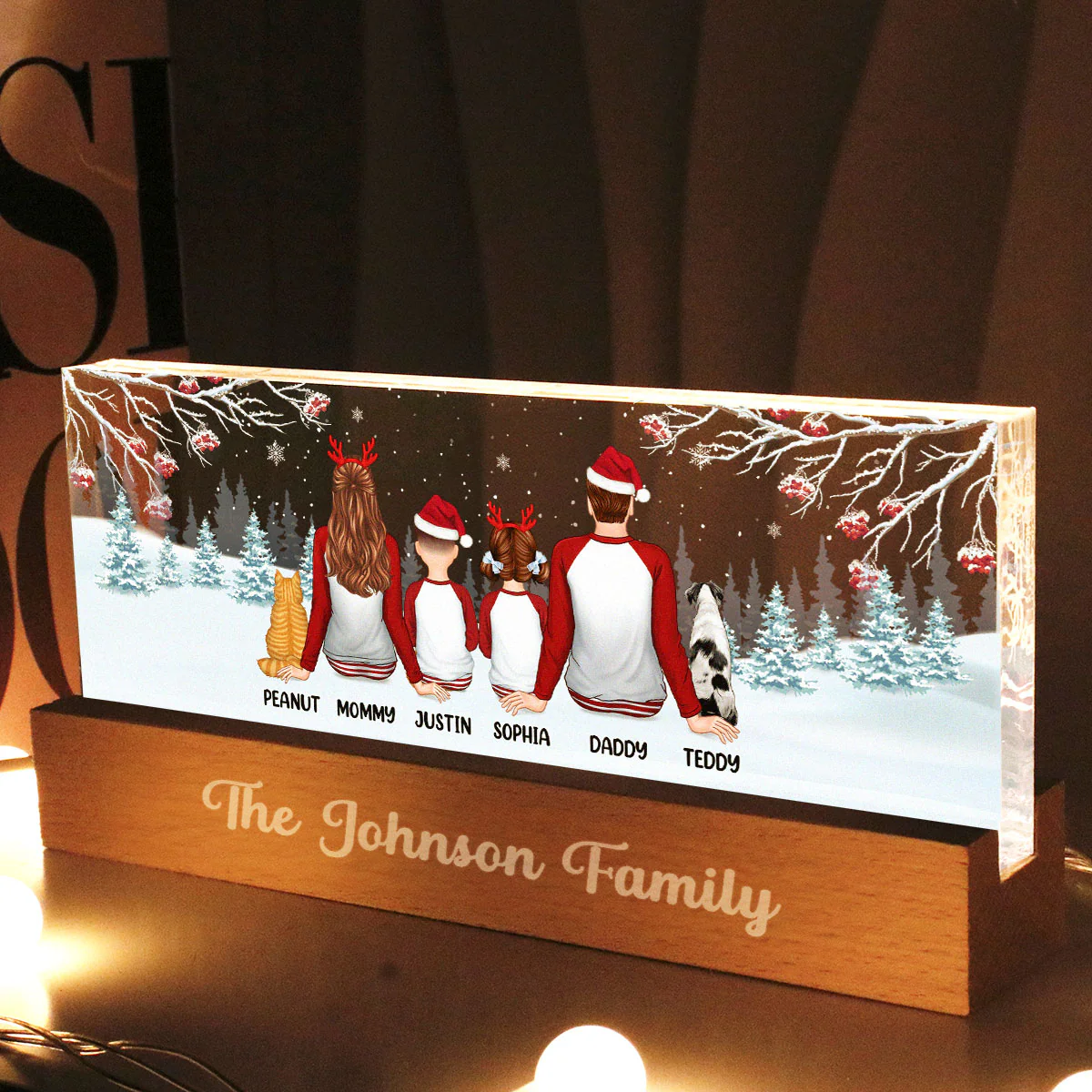 Family Back View Pajamas In Snow Personalized Acrylic Block LED Night Light - Image 2