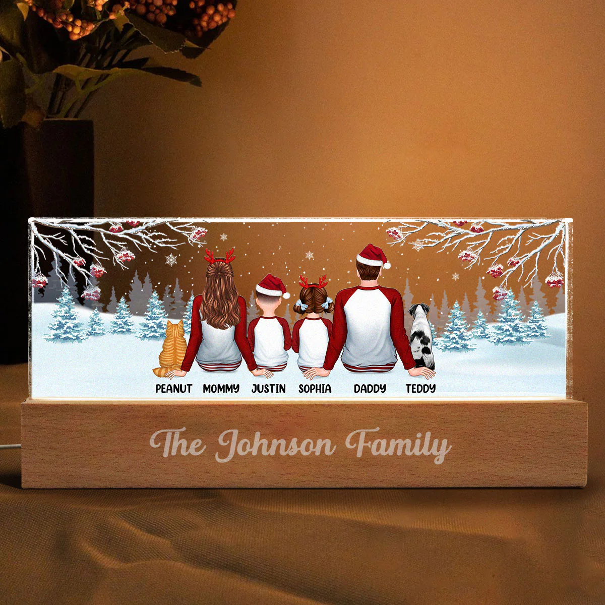 Family Back View Pajamas In Snow Personalized Acrylic Block LED Night Light - Image 7