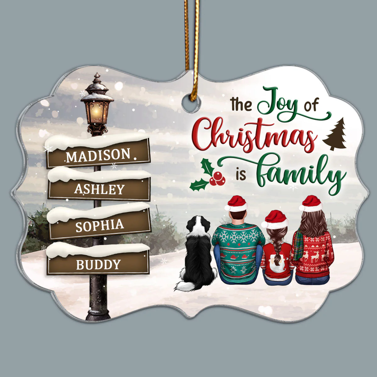 Family Back View Sitting Christmas Lamp Post Personalized Acrylic Ornament, Christmas Gift For Family - Image 2
