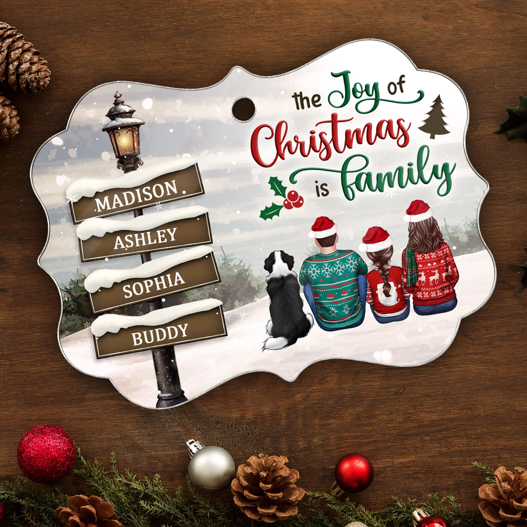 Family Back View Sitting Christmas Lamp Post Personalized Acrylic Ornament, Christmas Gift For Family - Image 3