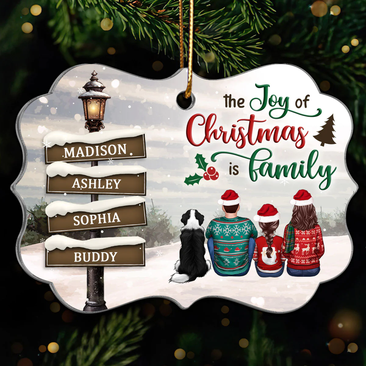 Family Back View Sitting Christmas Lamp Post Personalized Acrylic Ornament, Christmas Gift For Family - Image 4