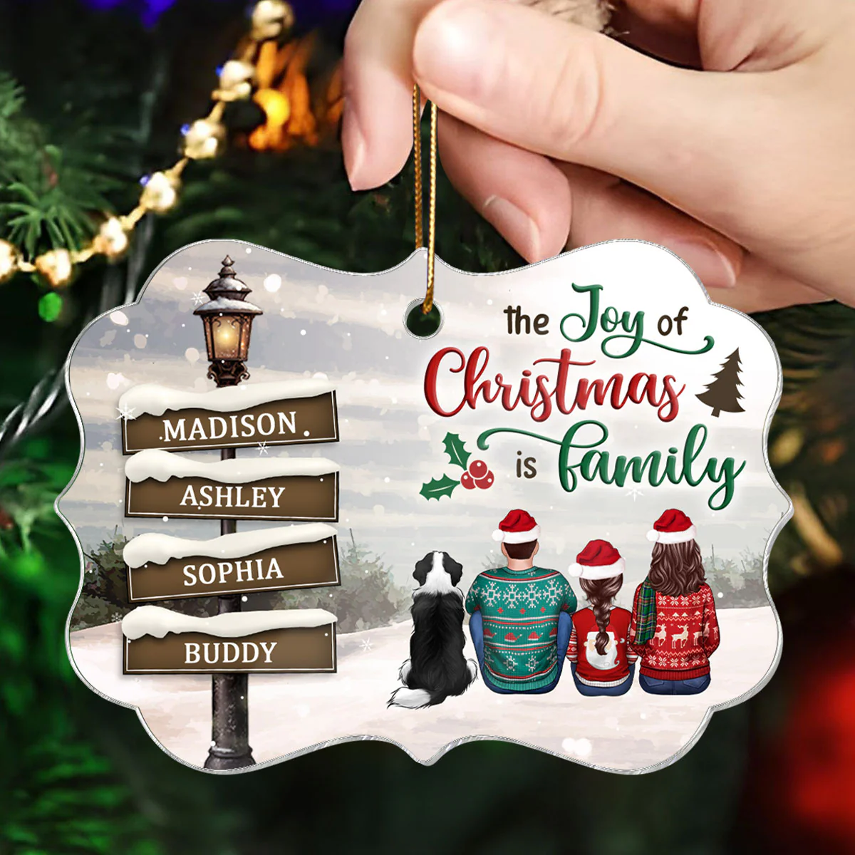 Family Back View Sitting Christmas Lamp Post Personalized Acrylic Ornament, Christmas Gift For Family - Image 5