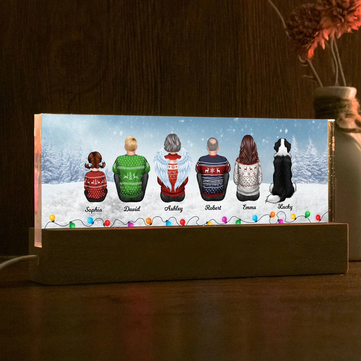 Family Back View Sitting In Snow Christmas Light Personalized Acrylic Block LED Night Light - Image 5