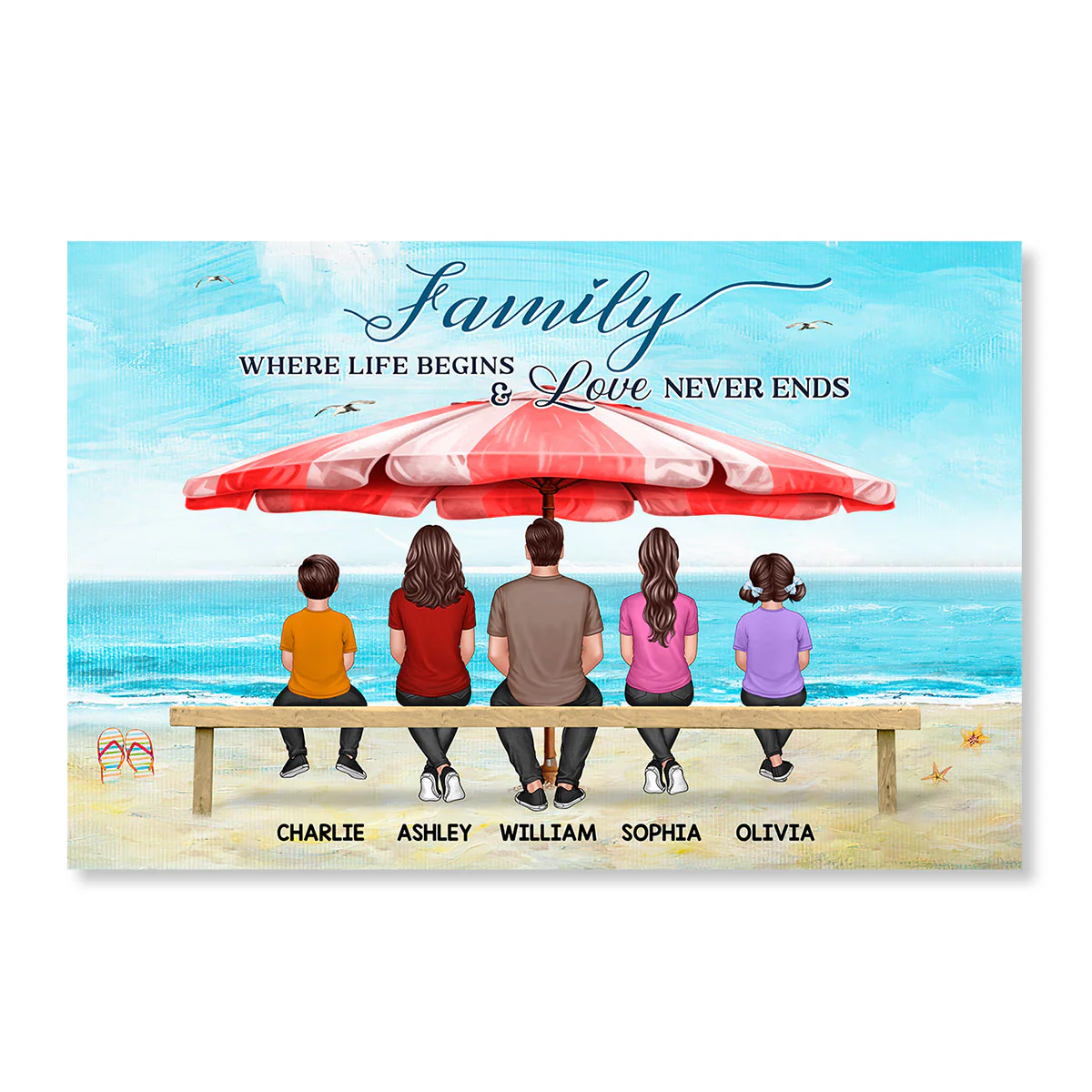 Family Back View Sitting On Bench At Beach Personalized Horizontal Poster