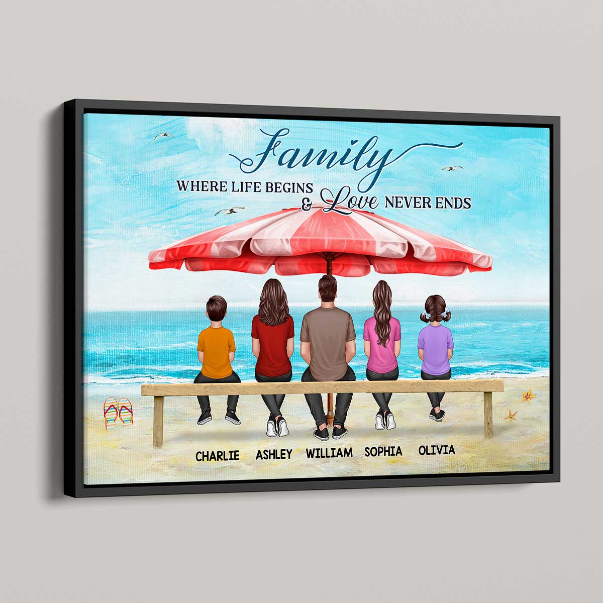 Family Back View Sitting On Bench At Beach Personalized Horizontal Poster - Image 2