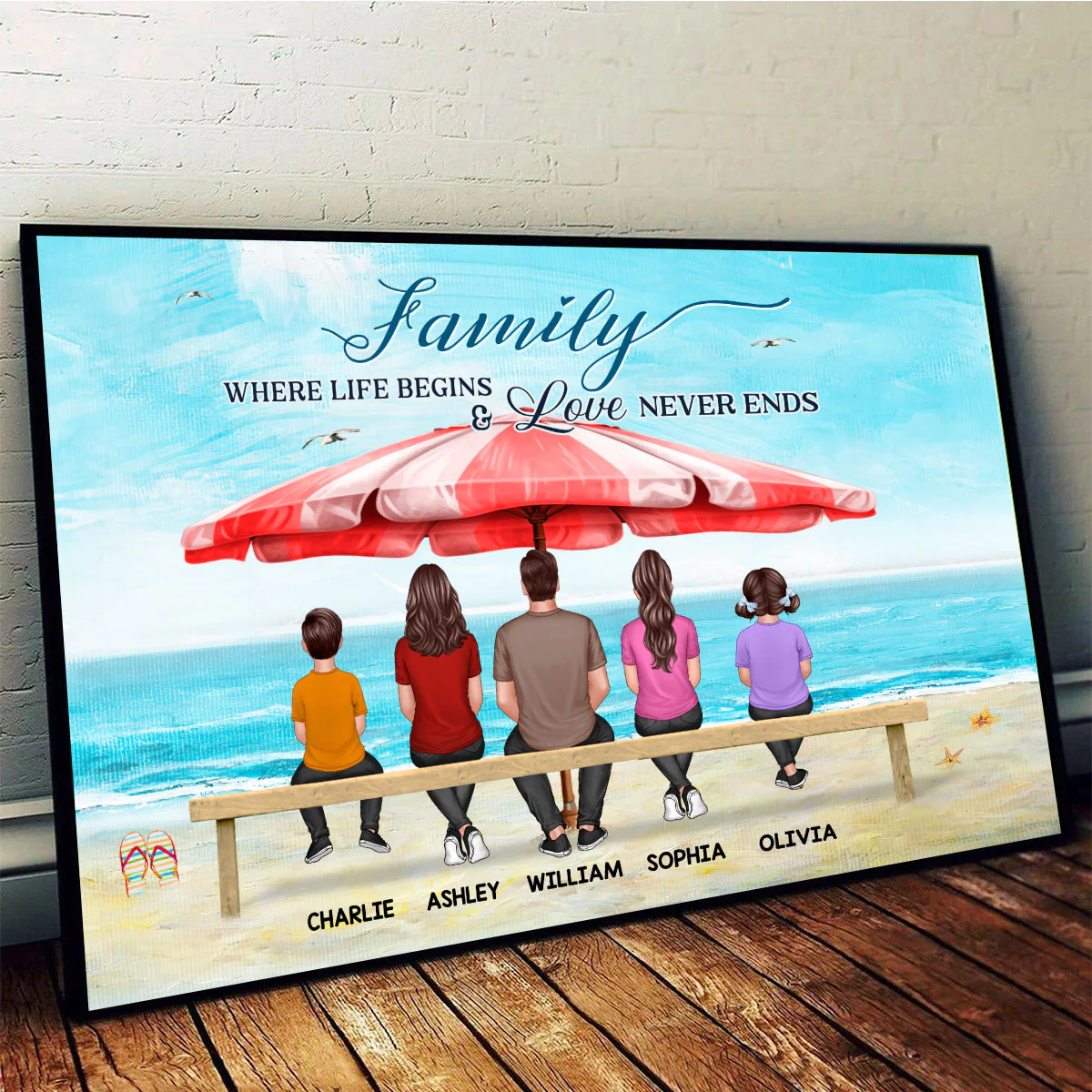 Family Back View Sitting On Bench At Beach Personalized Horizontal Poster - Image 3