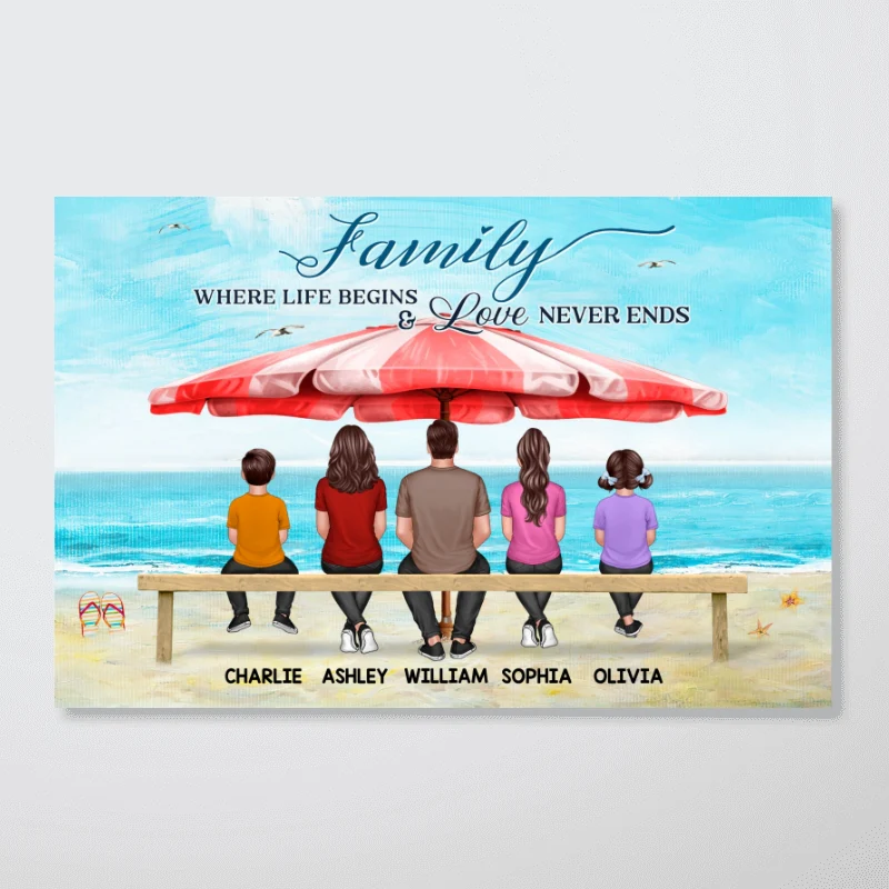 Family Back View Sitting On Bench At Beach Personalized Horizontal Poster - Image 4
