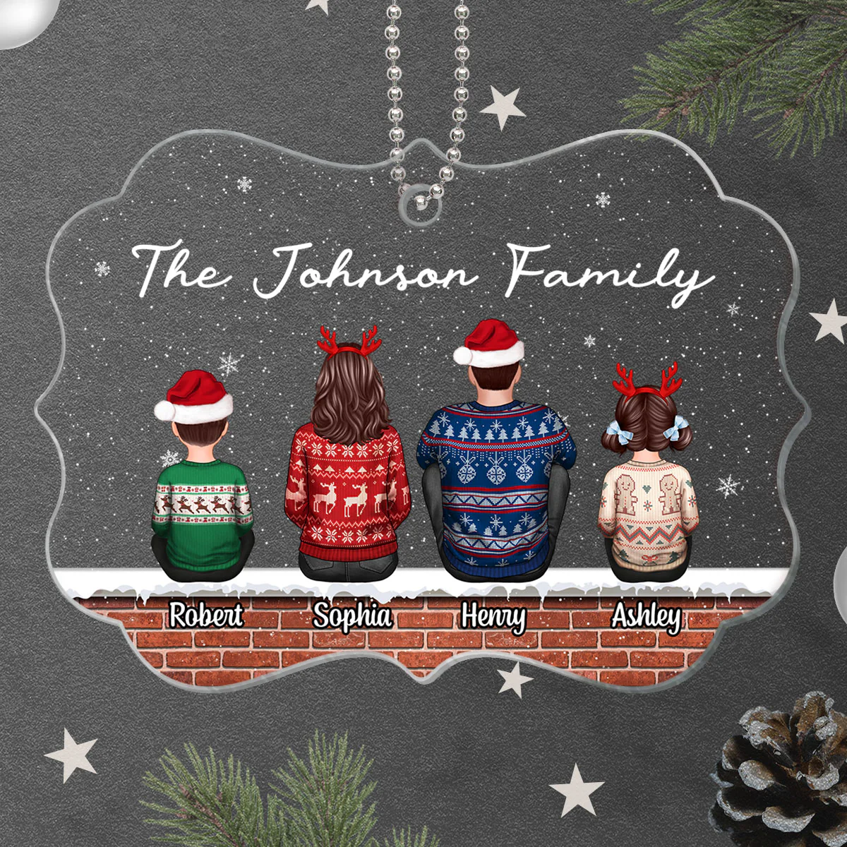Family Back View Sitting On Brick Wall In Snow Personalized Acrylic Ornament - Image 2
