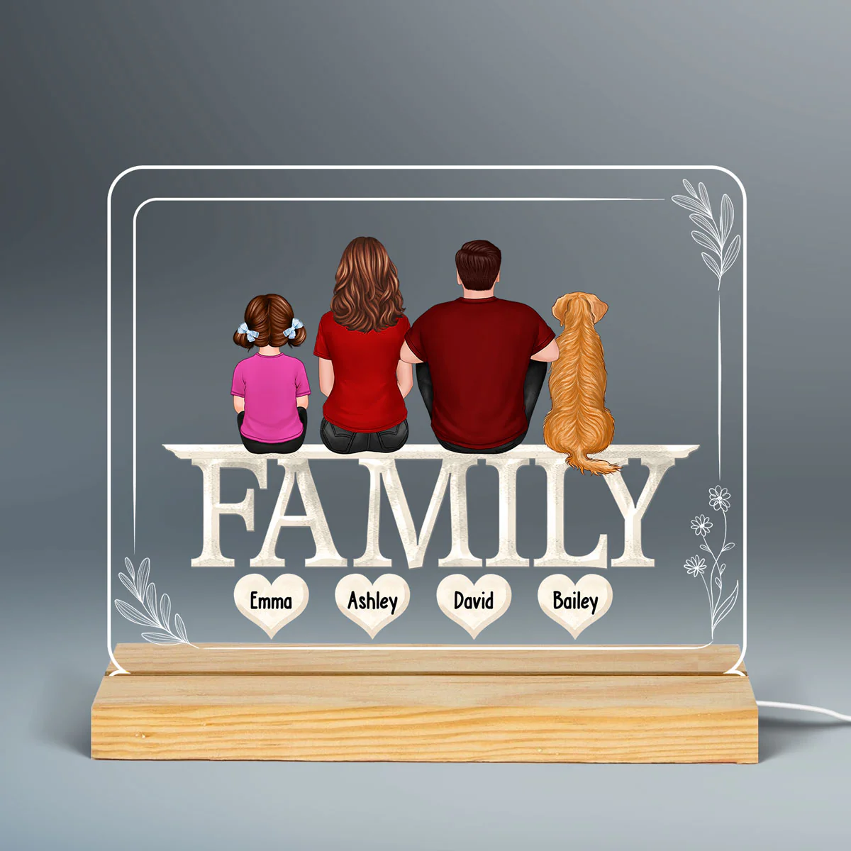 Family Back View Sitting On Text Personalized Acrylic Custom Shape LED Night Light - Image 3