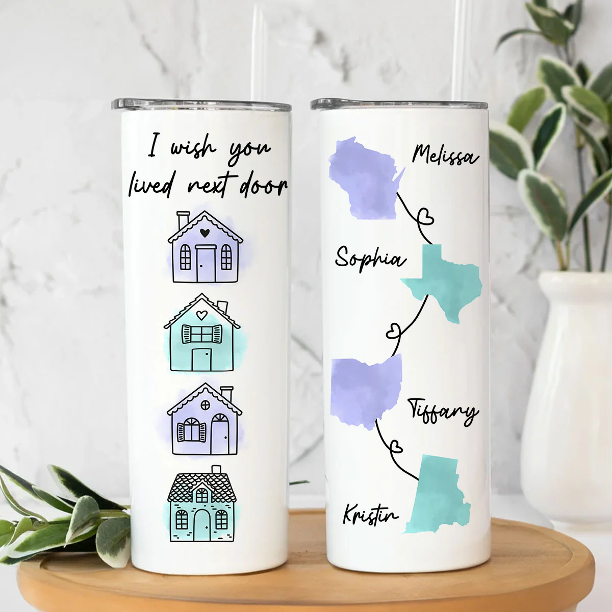 Family Besties Sisters Long Distance Watercolor State Map Personalized Skinny Tumbler
