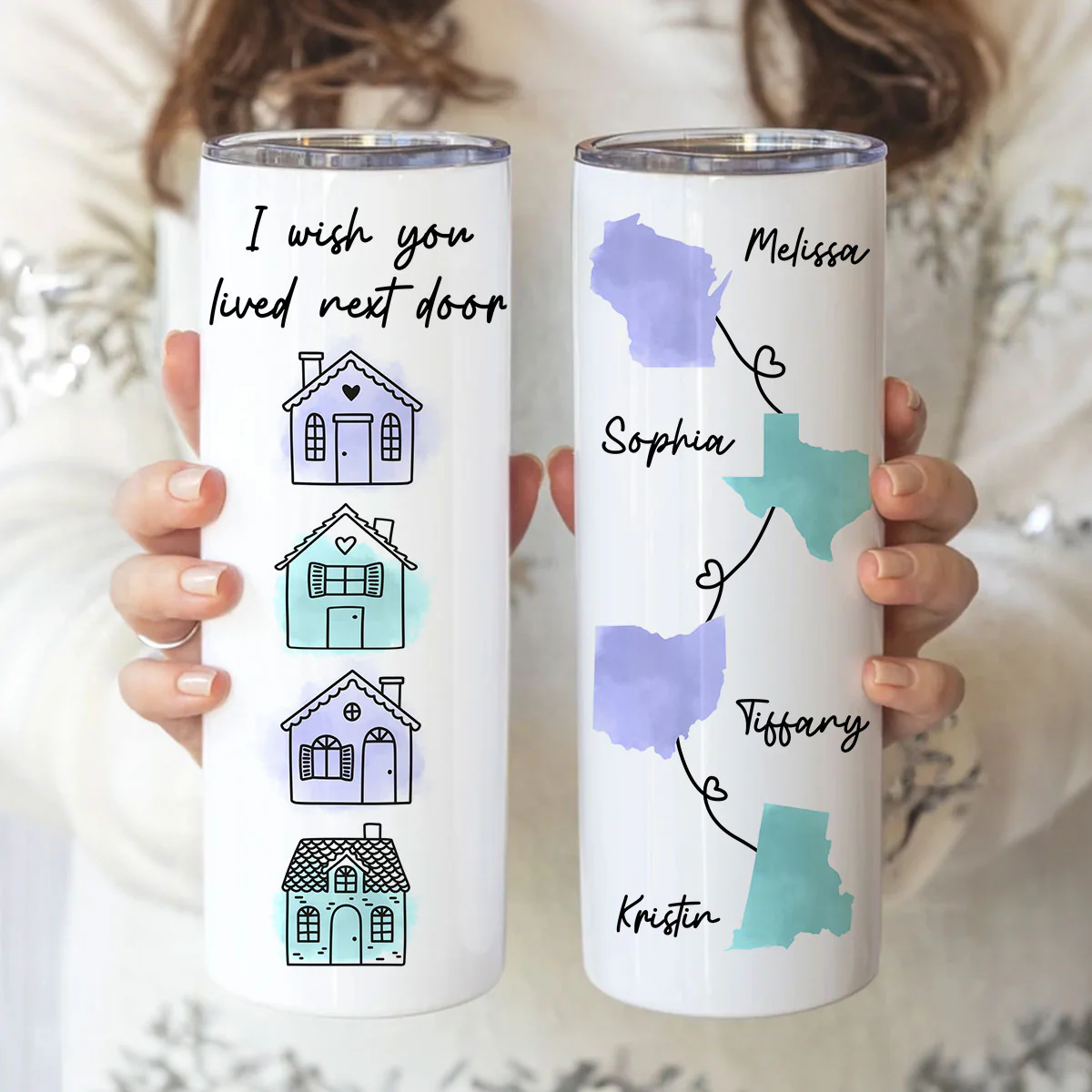 Family Besties Sisters Long Distance Watercolor State Map Personalized Skinny Tumbler - Image 2