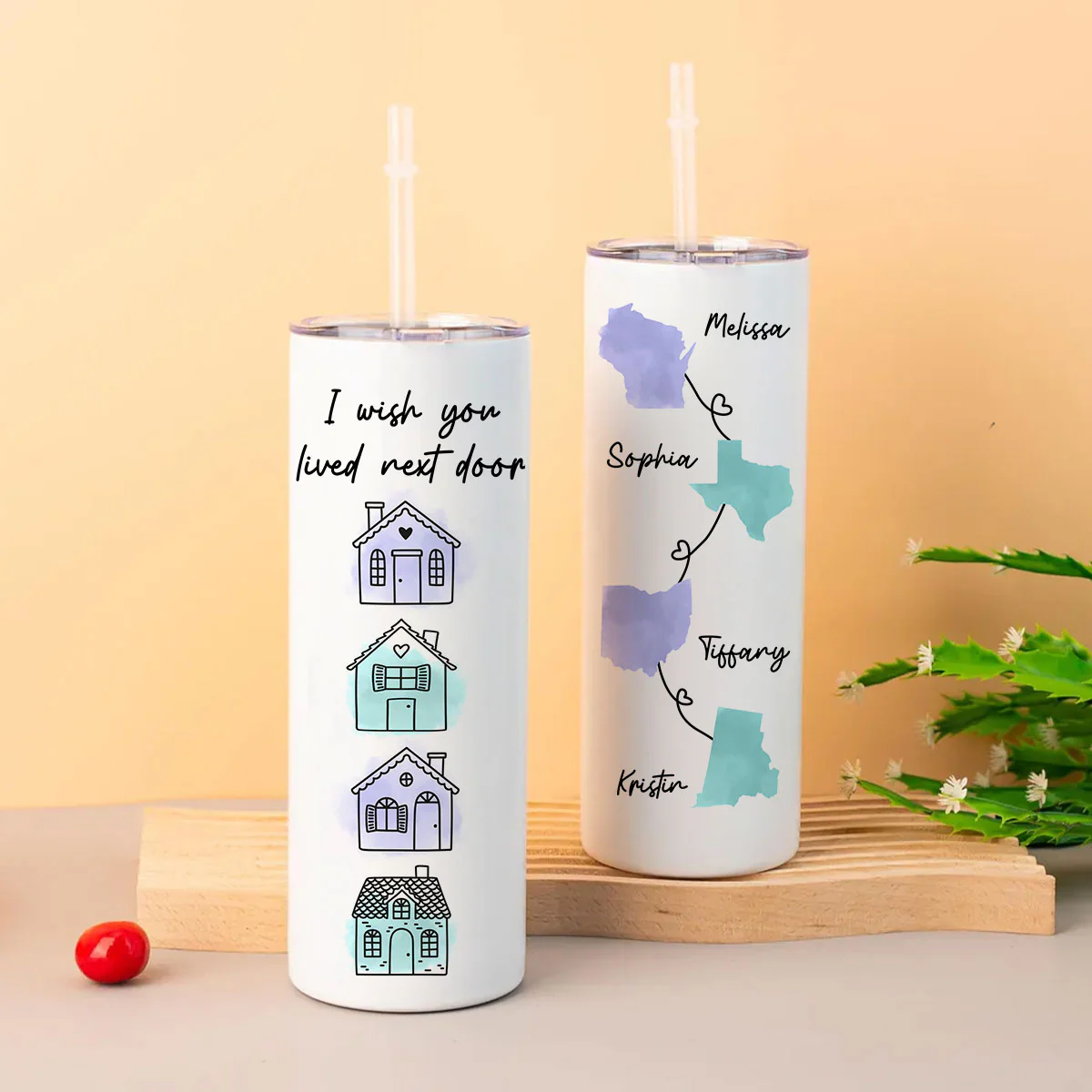 Family Besties Sisters Long Distance Watercolor State Map Personalized Skinny Tumbler - Image 3