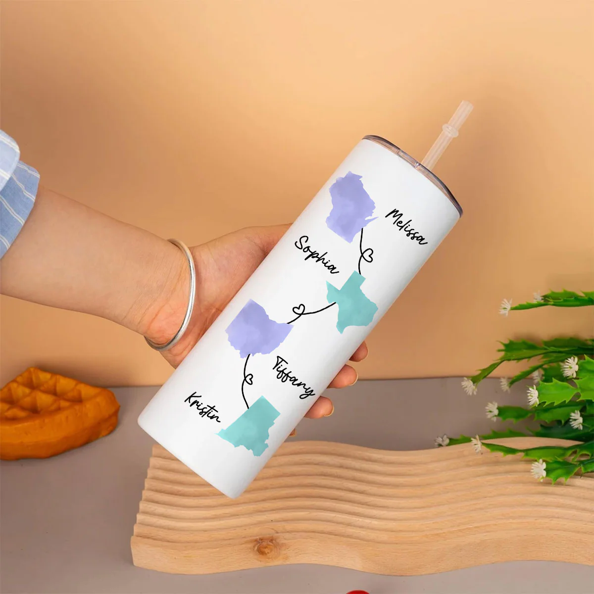 Family Besties Sisters Long Distance Watercolor State Map Personalized Skinny Tumbler - Image 4