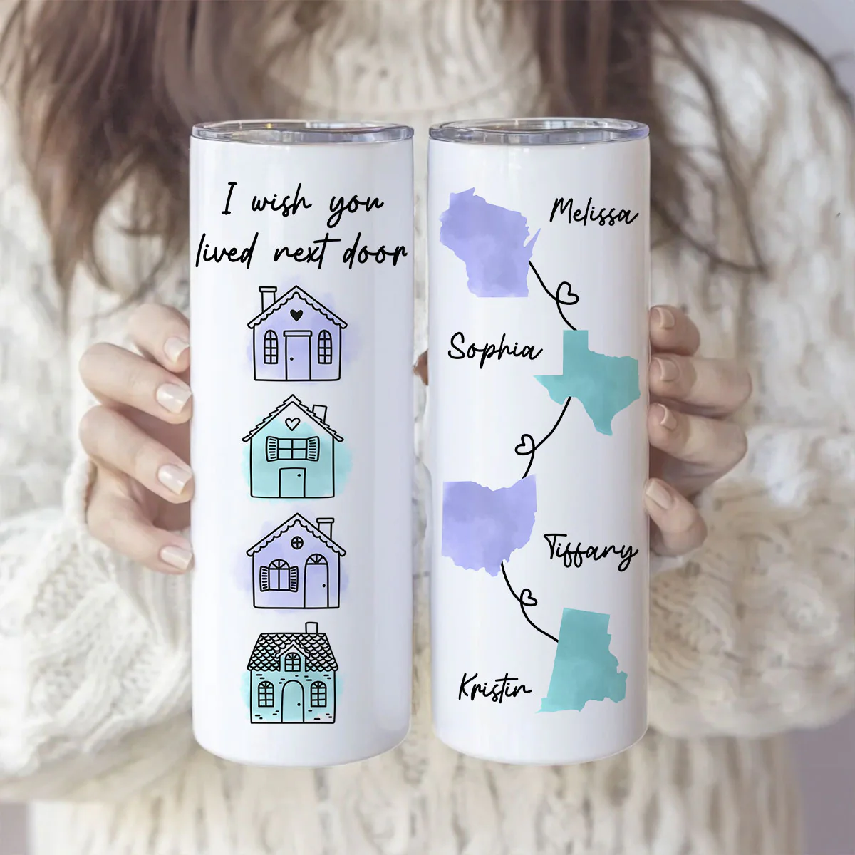 Family Besties Sisters Long Distance Watercolor State Map Personalized Skinny Tumbler - Image 5