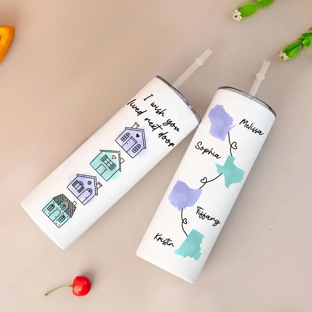 Family Besties Sisters Long Distance Watercolor State Map Personalized Skinny Tumbler - Image 6