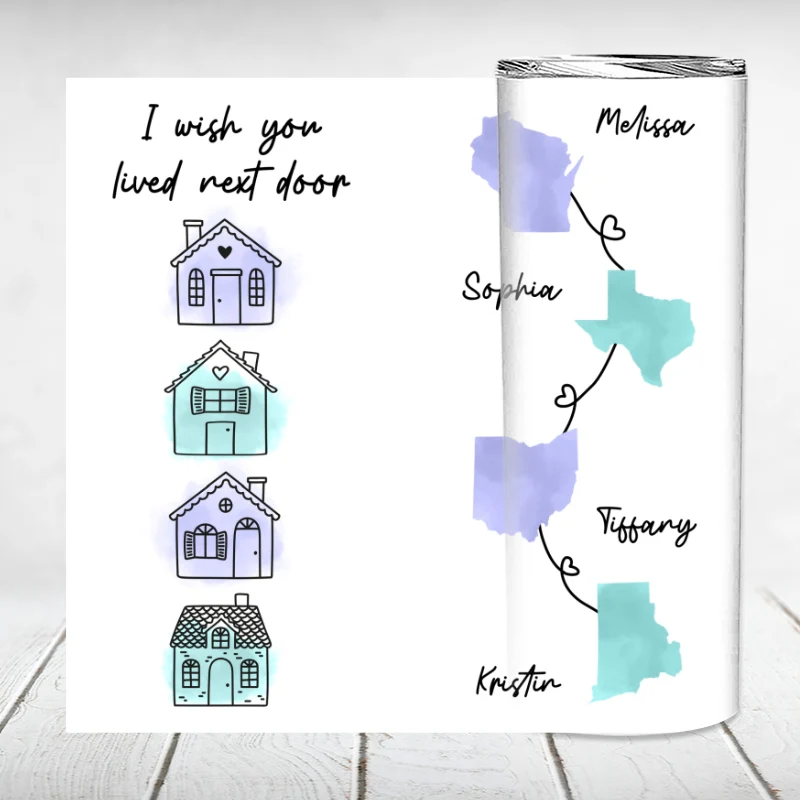 Family Besties Sisters Long Distance Watercolor State Map Personalized Skinny Tumbler - Image 7