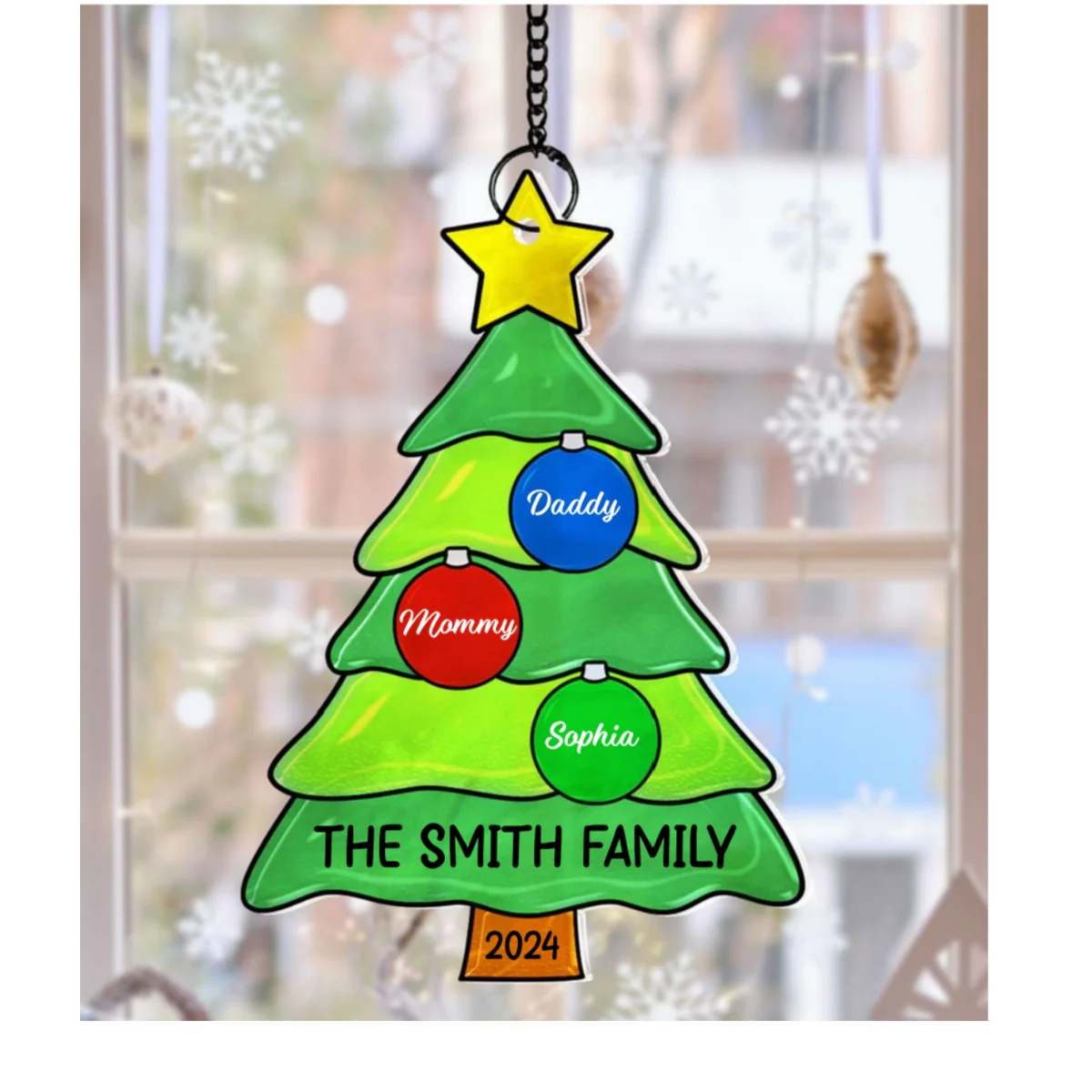 Family Christmas Tree with Jingle Bells Personalized Suncatcher, Christmas Stained Glass Decor - Image 10