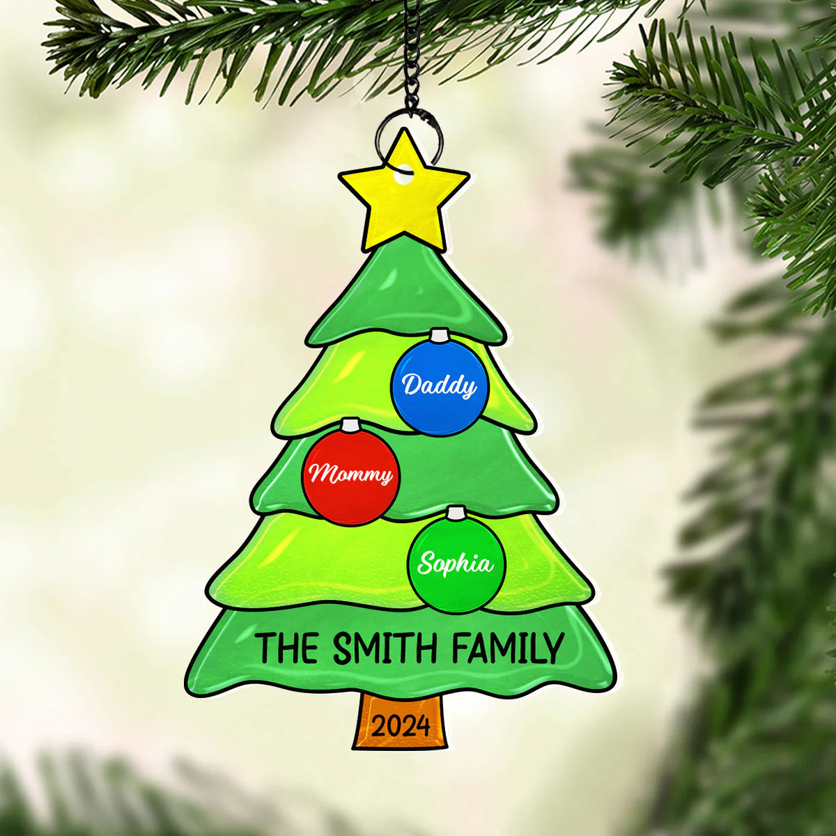 Family Christmas Tree with Jingle Bells Personalized Suncatcher, Christmas Stained Glass Decor - Image 3