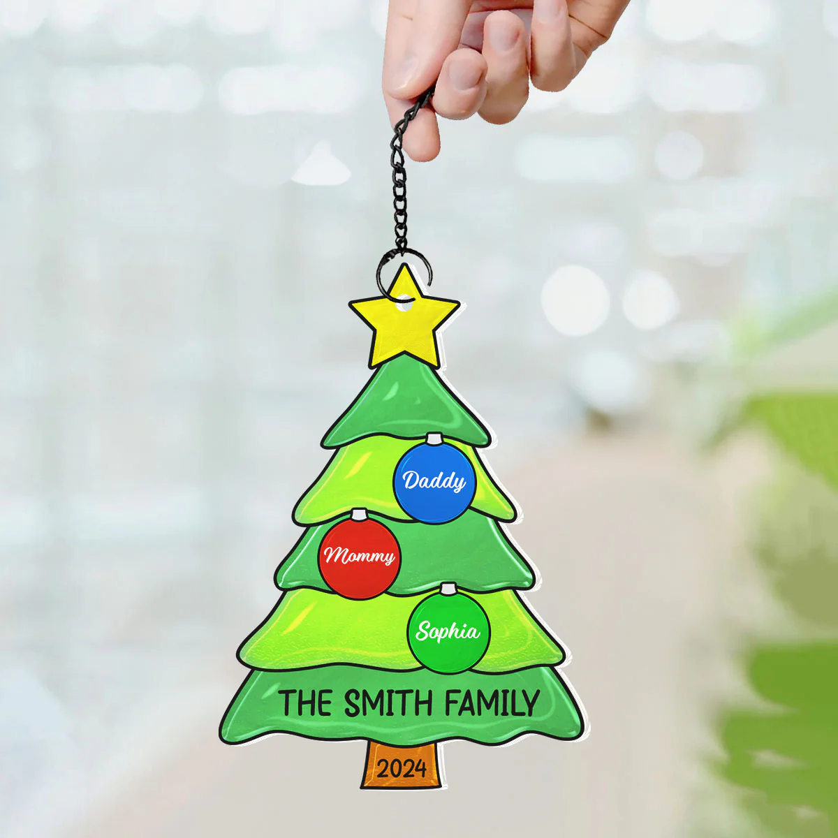 Family Christmas Tree with Jingle Bells Personalized Suncatcher, Christmas Stained Glass Decor - Image 5
