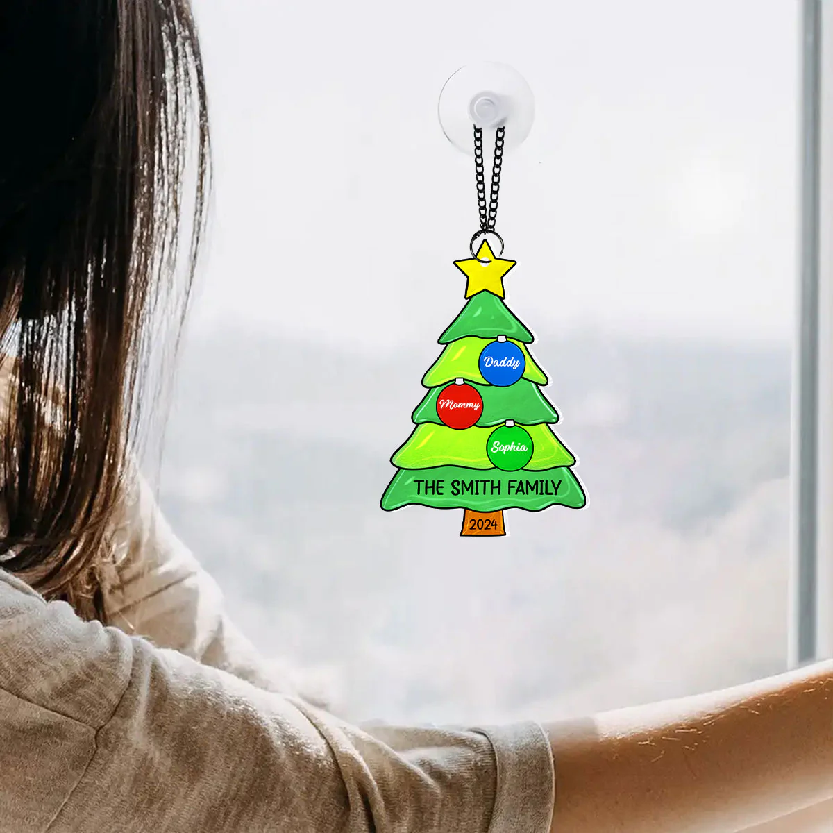 Family Christmas Tree with Jingle Bells Personalized Suncatcher, Christmas Stained Glass Decor - Image 6
