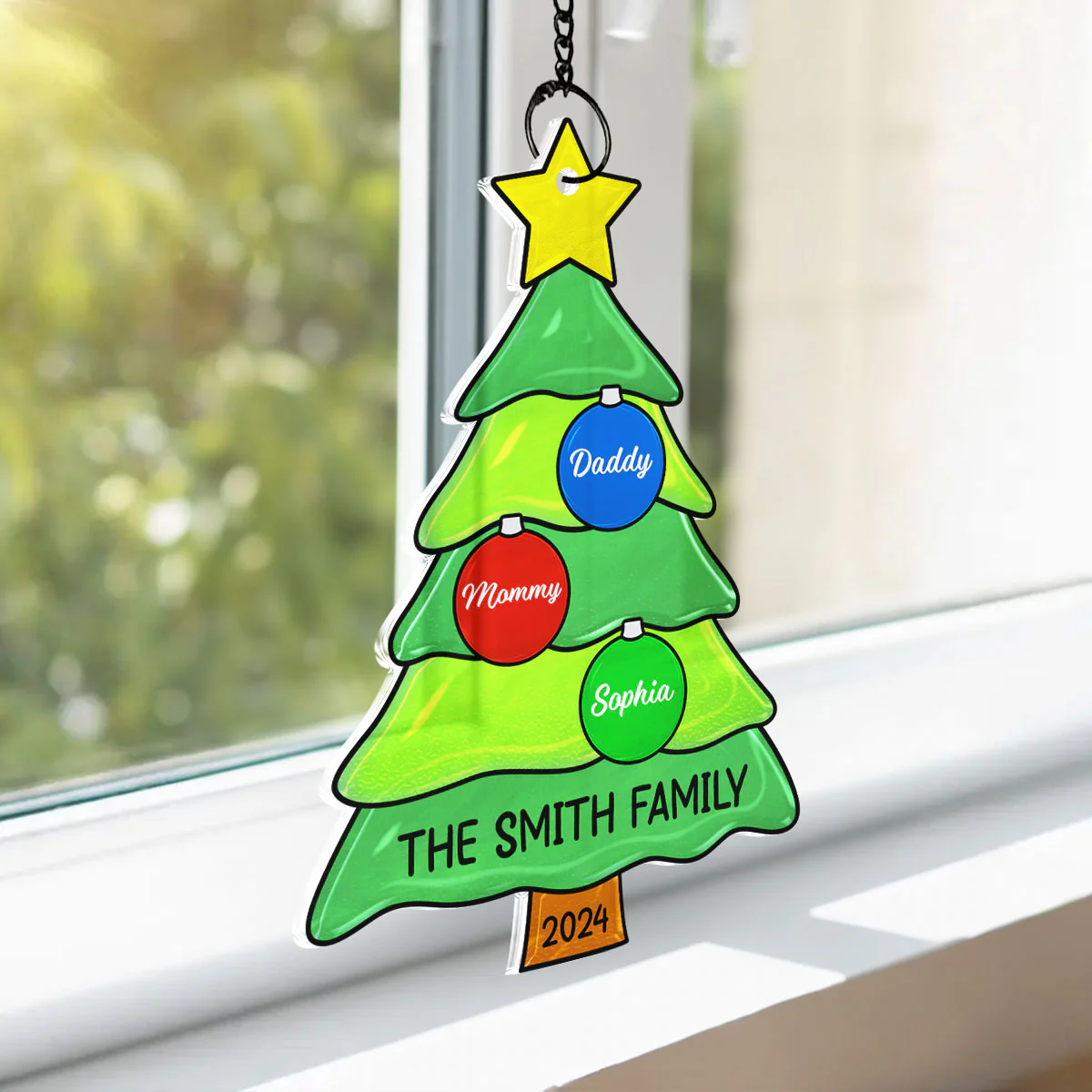Family Christmas Tree with Jingle Bells Personalized Suncatcher, Christmas Stained Glass Decor - Image 8