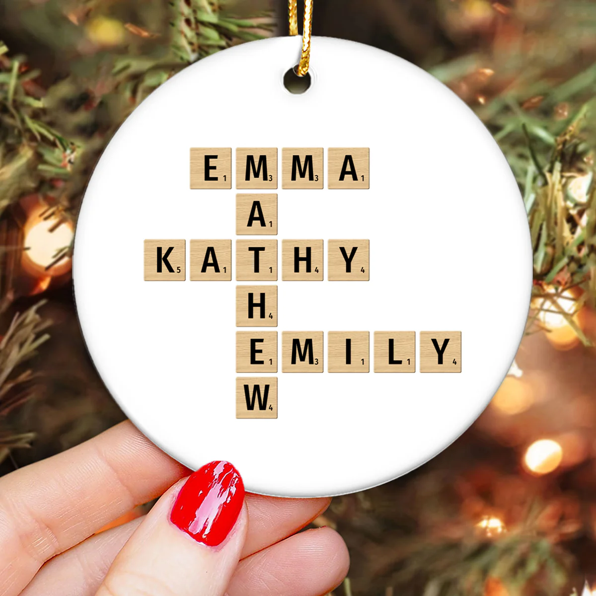 Family Christmas Decor Crossword Puzzle Art Personalized Round Ceramic Ornament - Image 4