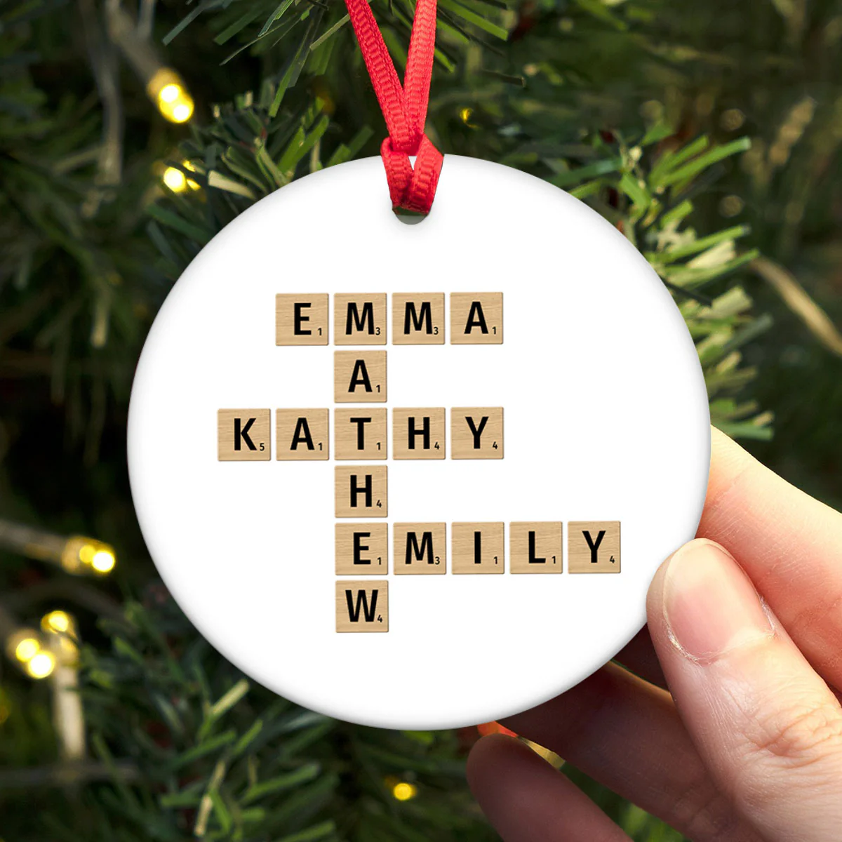 Family Christmas Decor Crossword Puzzle Art Personalized Round Ceramic Ornament - Image 7