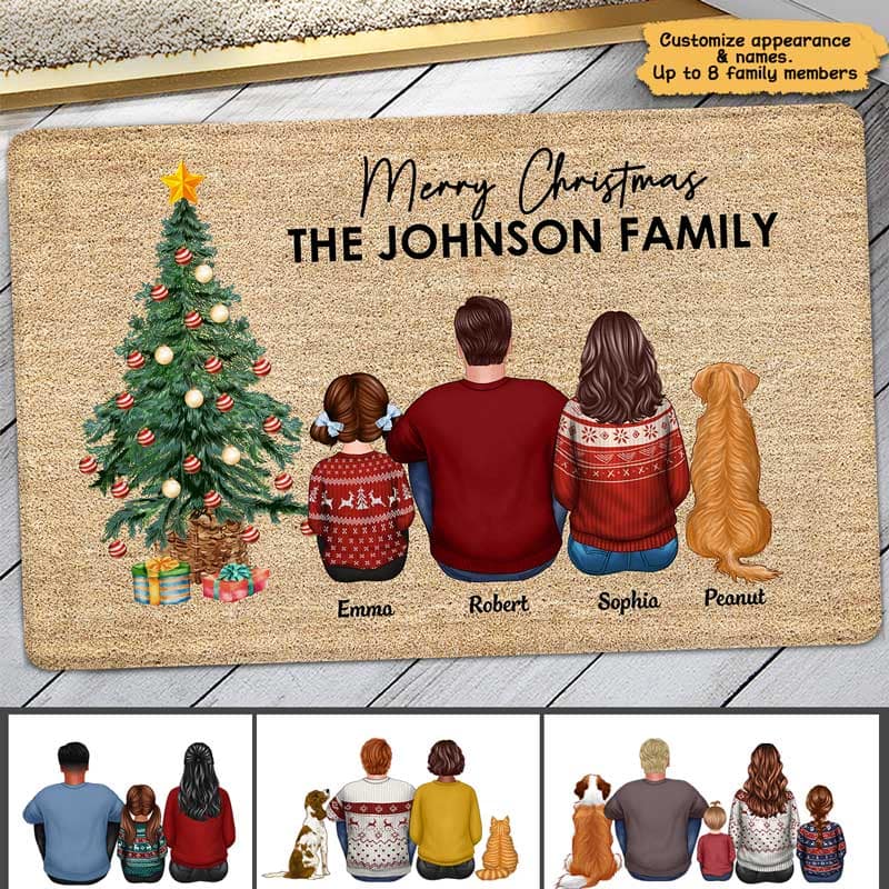 Family Christmas Family Back View Couple Kid Dog Cat Personalized Doormat - Image 2