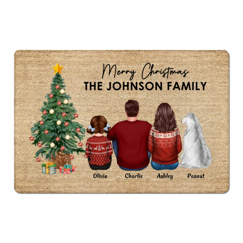 Family Christmas Family Back View Couple Kid Dog Cat Personalized Doormat - Image 4