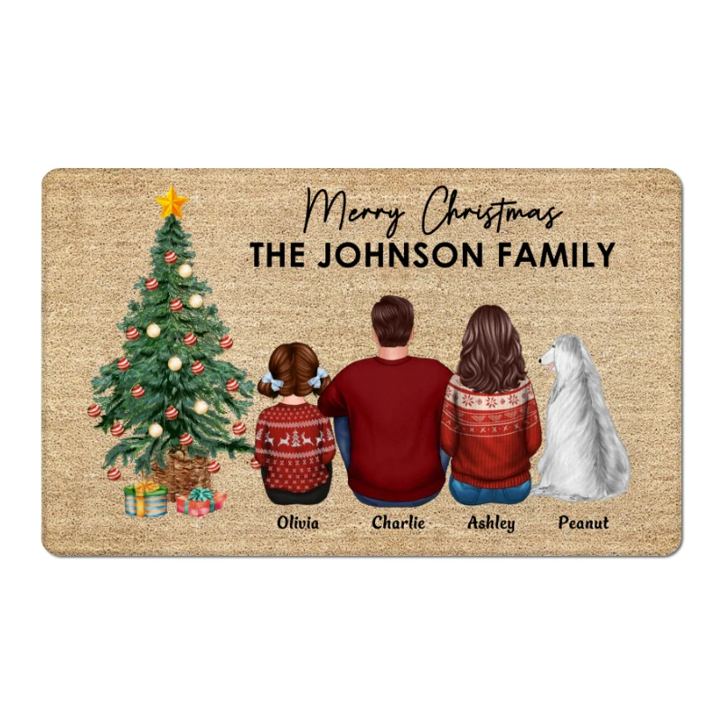 Family Christmas Family Back View Couple Kid Dog Cat Personalized Doormat - Image 5