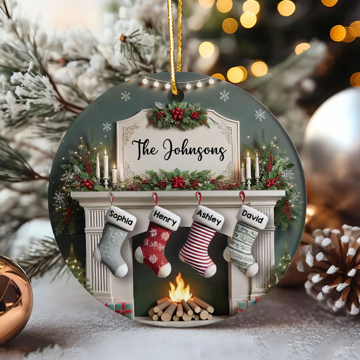 Family Christmas Fireplace With Stockings Personalized Ceramic Ornament - Image 4