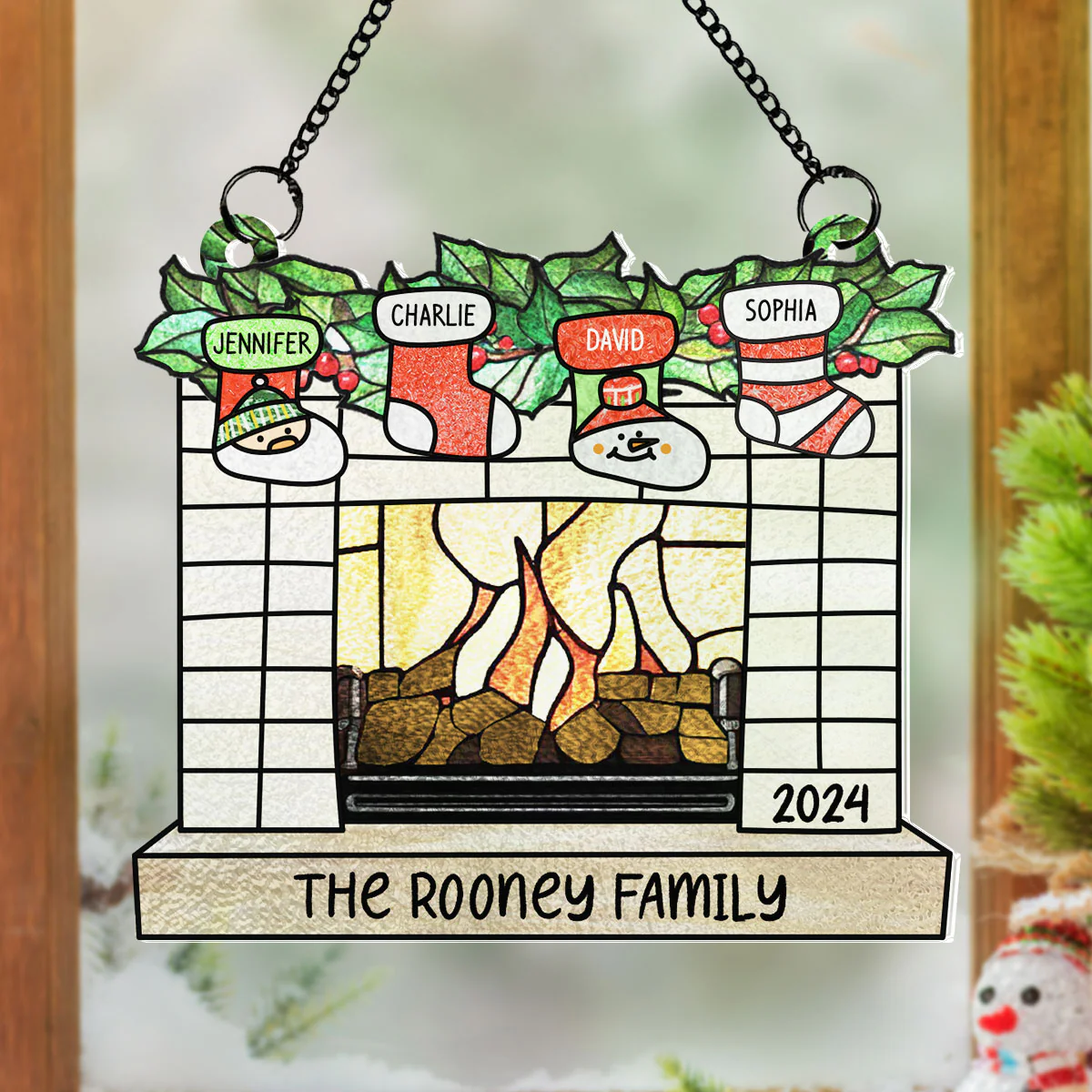 Family Christmas Stockings on Fireplace Personalized Suncatcher, Christmas Stained Glass Decor