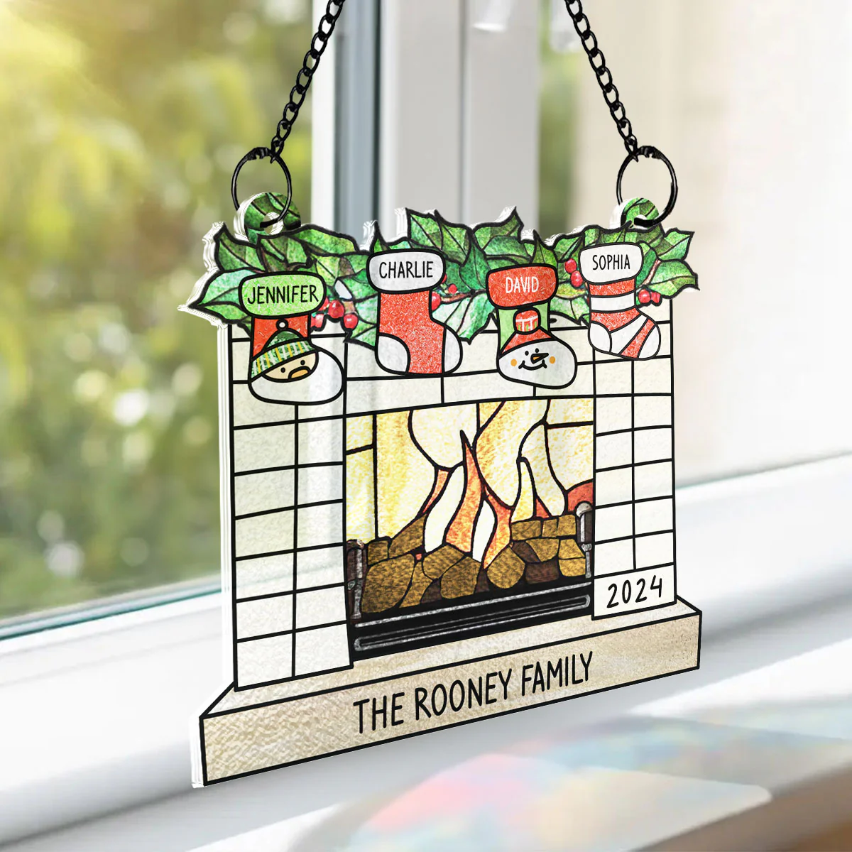 Family Christmas Stockings on Fireplace Personalized Suncatcher, Christmas Stained Glass Decor - Image 6