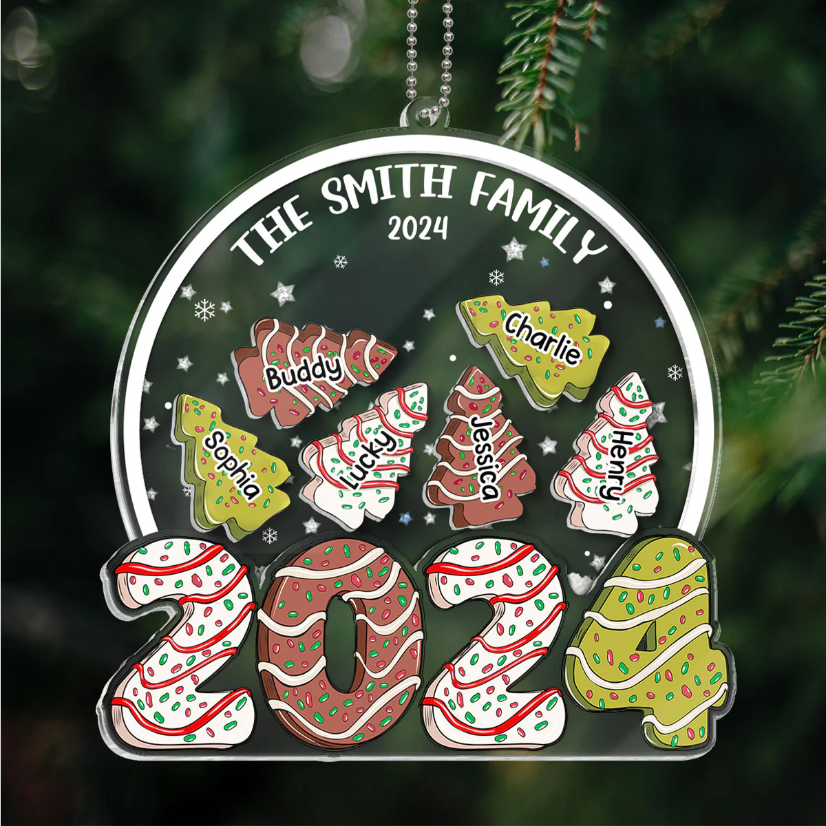 Family Christmas Tree Cake 2024 Personalized Shaker Ornament, Christmas Gift - Image 2