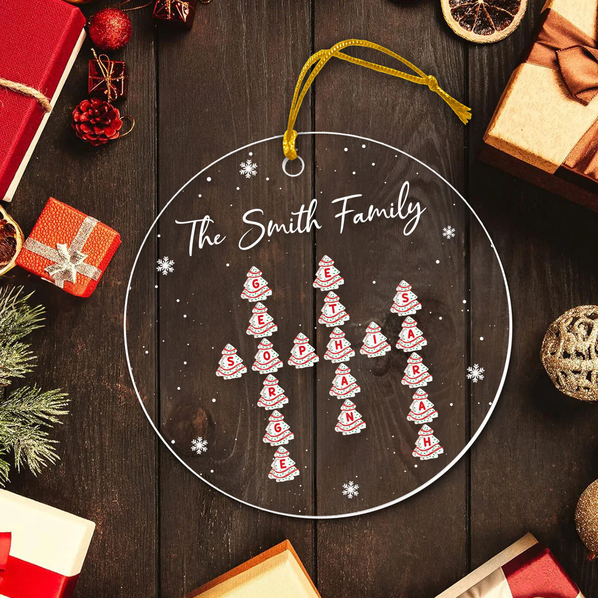 Family Christmas Tree Cake Crossword Puzzle Art Personalized Acrylic Ornament - Image 3