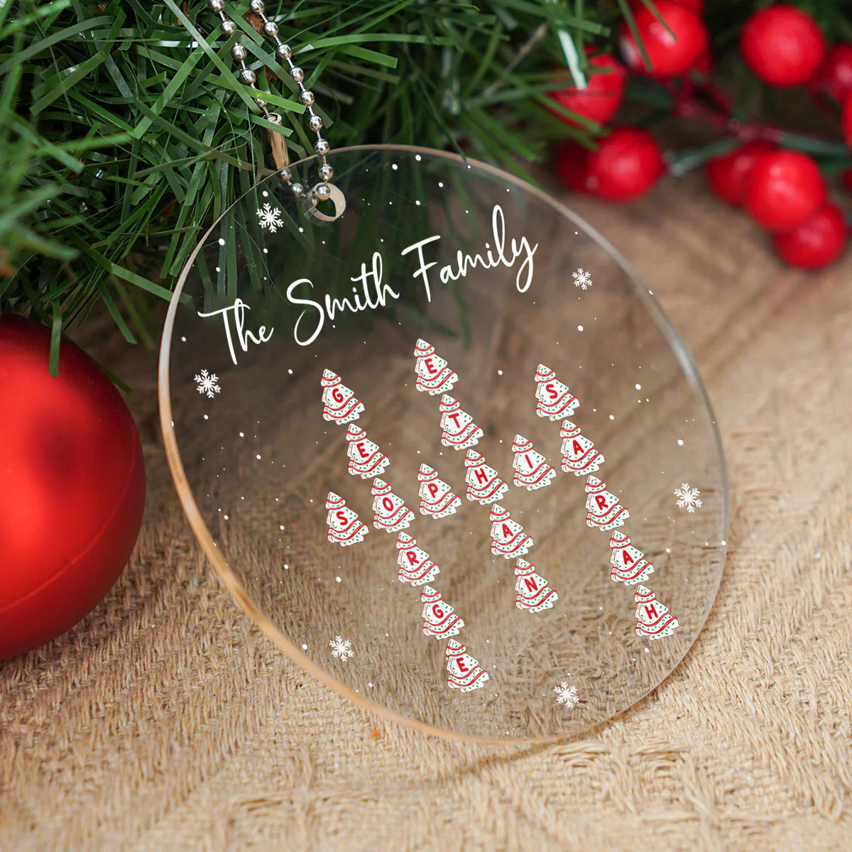 Family Christmas Tree Cake Crossword Puzzle Art Personalized Acrylic Ornament - Image 6